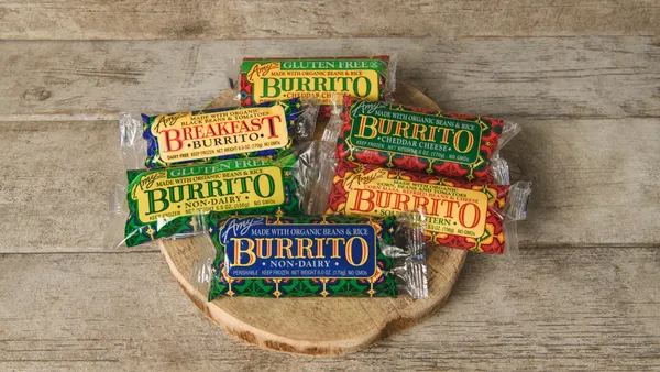 A set of packaged burritos from Amy's Kitchen.