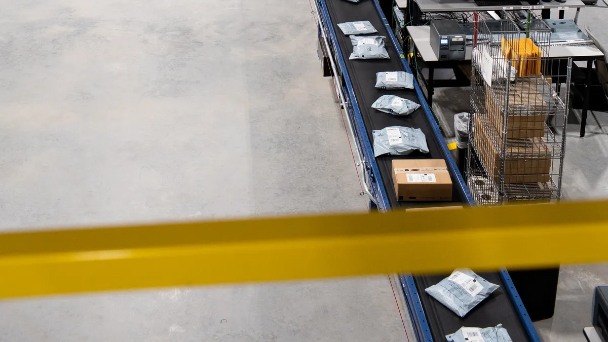 Conveyor belts carrying packages in Gap's Longview, Texas distribution center.