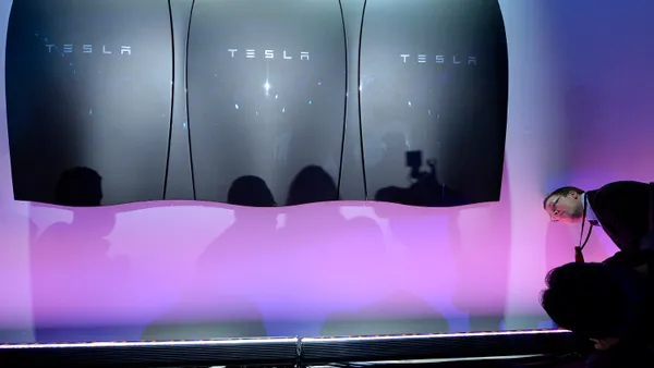 Shot of Tesla branded Powerwall batteries following 2015 launch