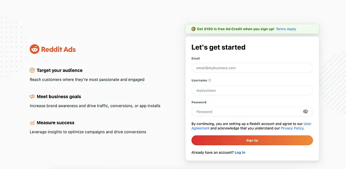 Reddit Ads sign up page