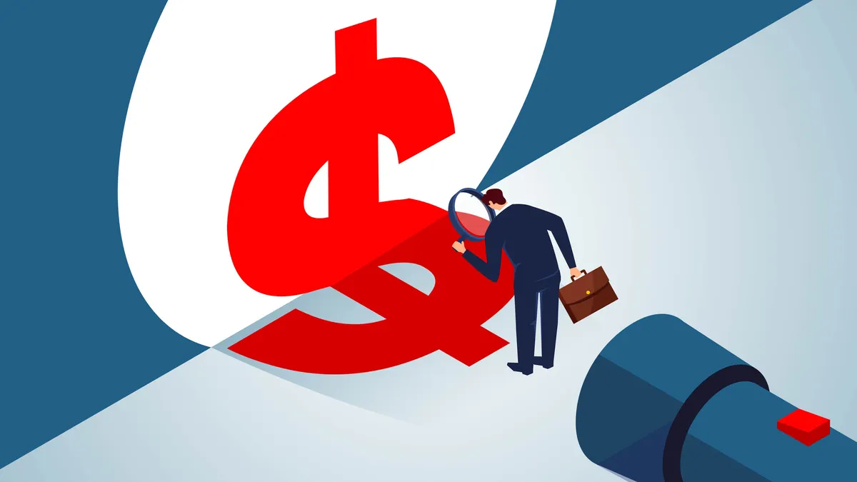 A giant flashlight illuminates a red dollar sign, which is being scrutinized by a businessman with a magnifying glass