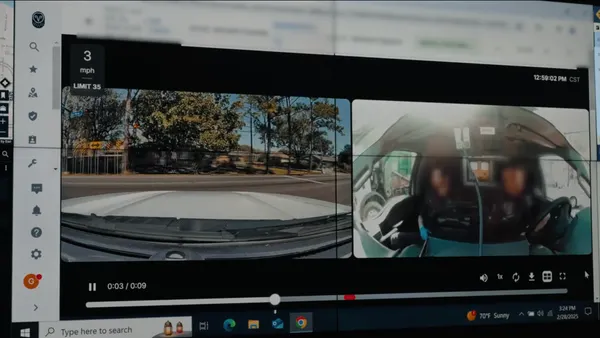 A computer screen displaying dash cam footage from inside and outside a city vehicle.
