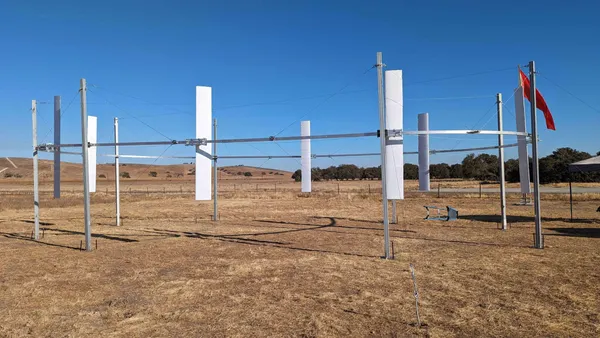 An Airloom Energy wind turbine, which captures wind energy using 30-foot, vertically oriented airfoils that move around an ovular trackway about 80 feet above the ground.
