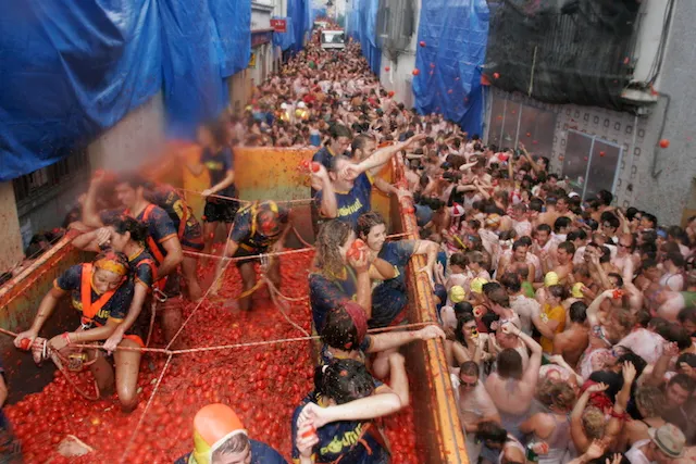 People throwing tomatoes at a crowd from atop a truck during the La Tomatina festival in Spain