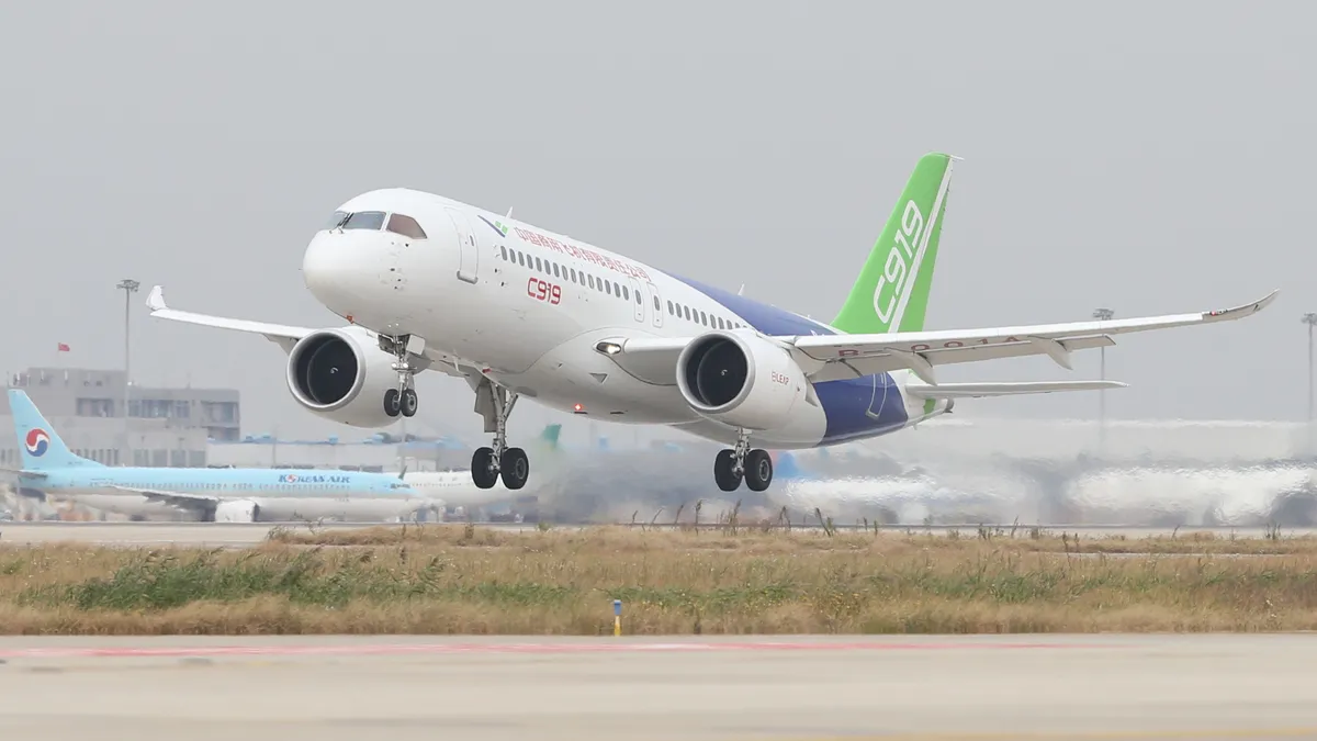 Chinese-produced passenger jet C919 takes off from Shanghai Pudong International Airport on November 10, 2017 in Shanghai, China.