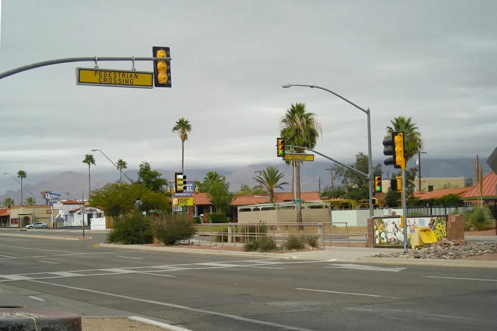 A street in Tucson, Arizona empty of cars.