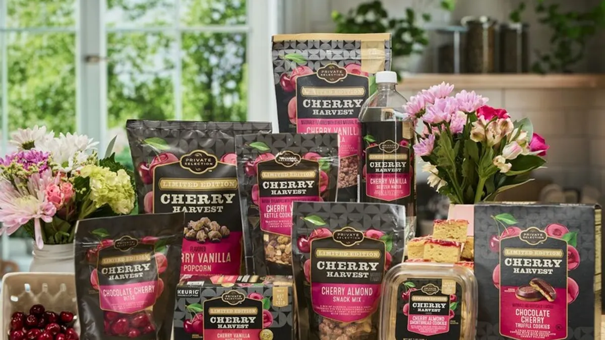 An assortment of cherry-flavored private label grocery items.
