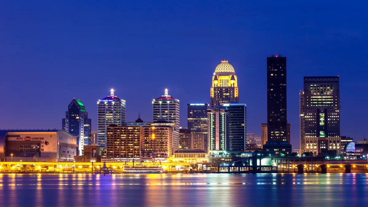 The Louisville, Kentucky skyline at night.