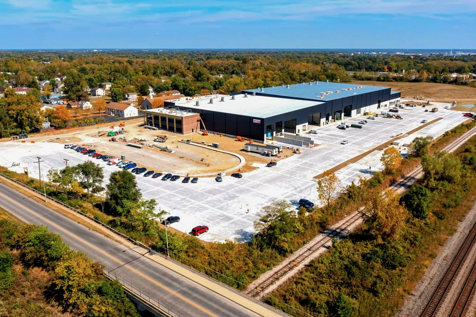 An aerial view of a large recycling facility construction site.