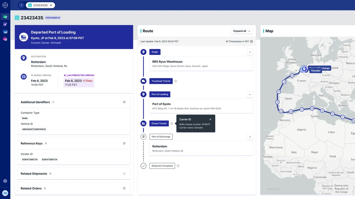 A preview of a supply chain software dashboard that shows shipment tracking statuses on the left side and a tracking map on the right.