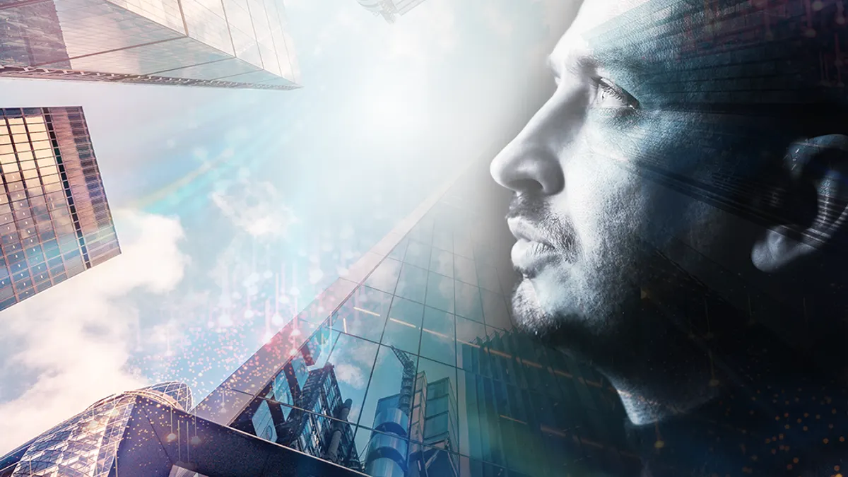 A stylized image with a person on the right looking leftward into the skyline of London.