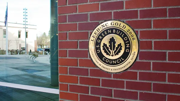 The LEED certification logo on the outside of the Hillsboro Civic Center in Hillsboro, Oregon.