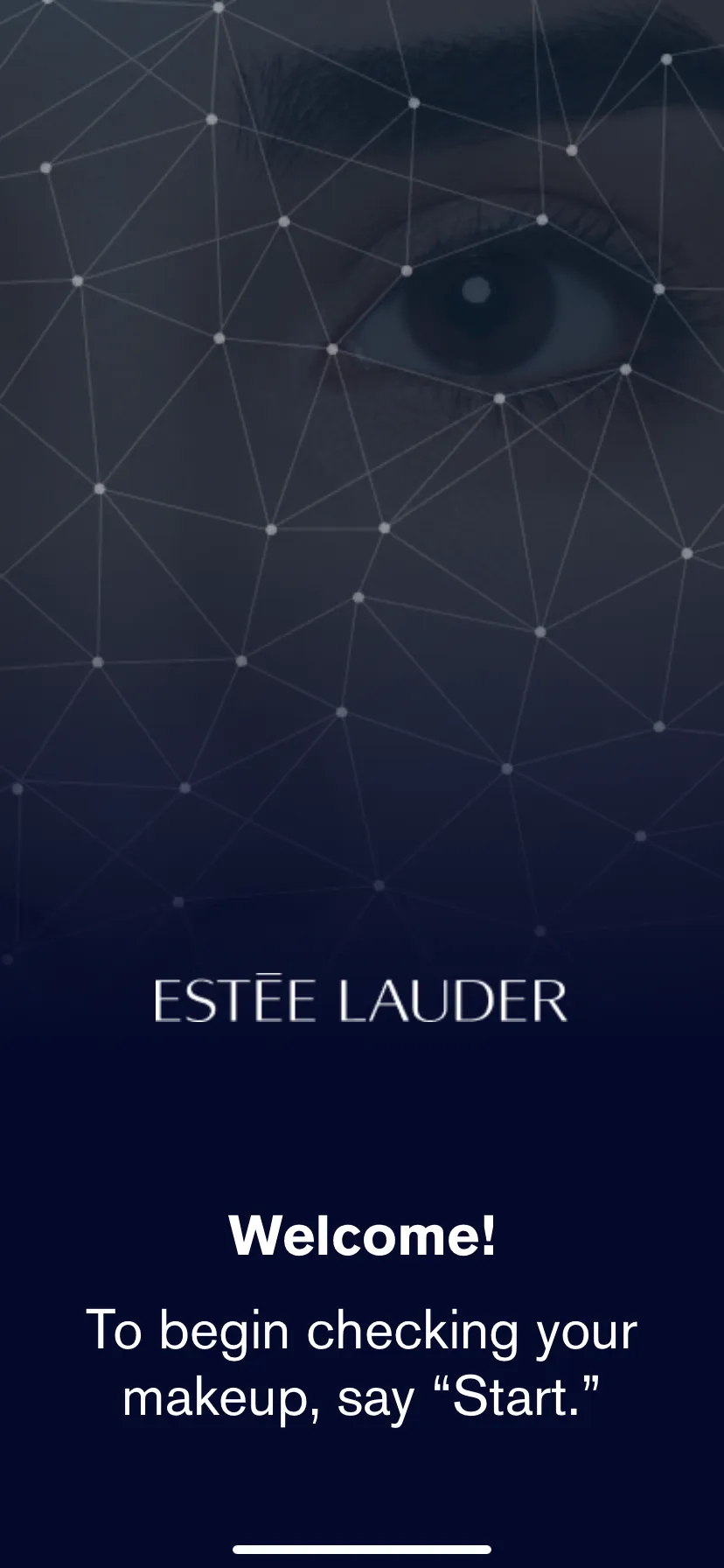 Estée Lauder Companies' AI-powered voice-enabled makeup assistant mobile app welcomes users to its home page audibly and through words.