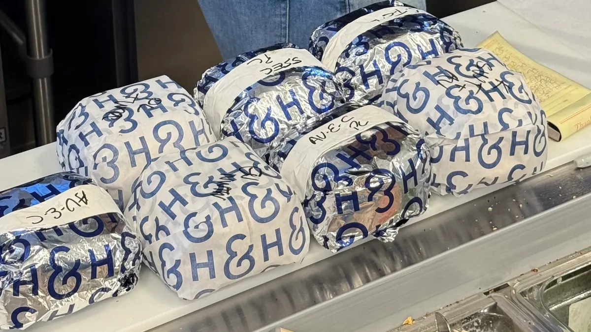 Wrapped bagels at the counter