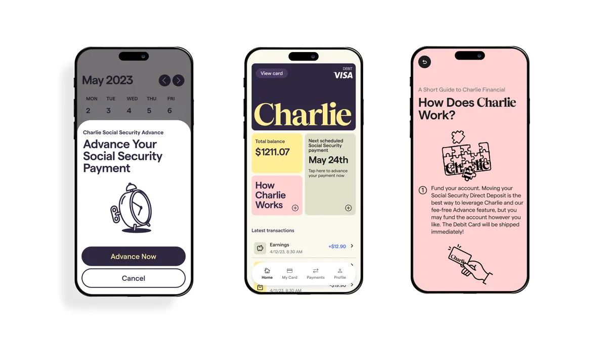 Charlie's interface is displayed on three smartphone screens.