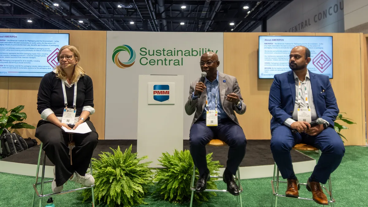 Ameripen Program Director Kyla Fisher (left) moderates a discussion with Michael Okoroafor (center), chief sustainability officer at McCormick & Co., and Neil Menezes (right), packaging sustainability policy manager at General Mills, about how suppliers can help brands complying with packaging EPR programs at Pack Expo International in Chicago on Nov. 5, 2024.