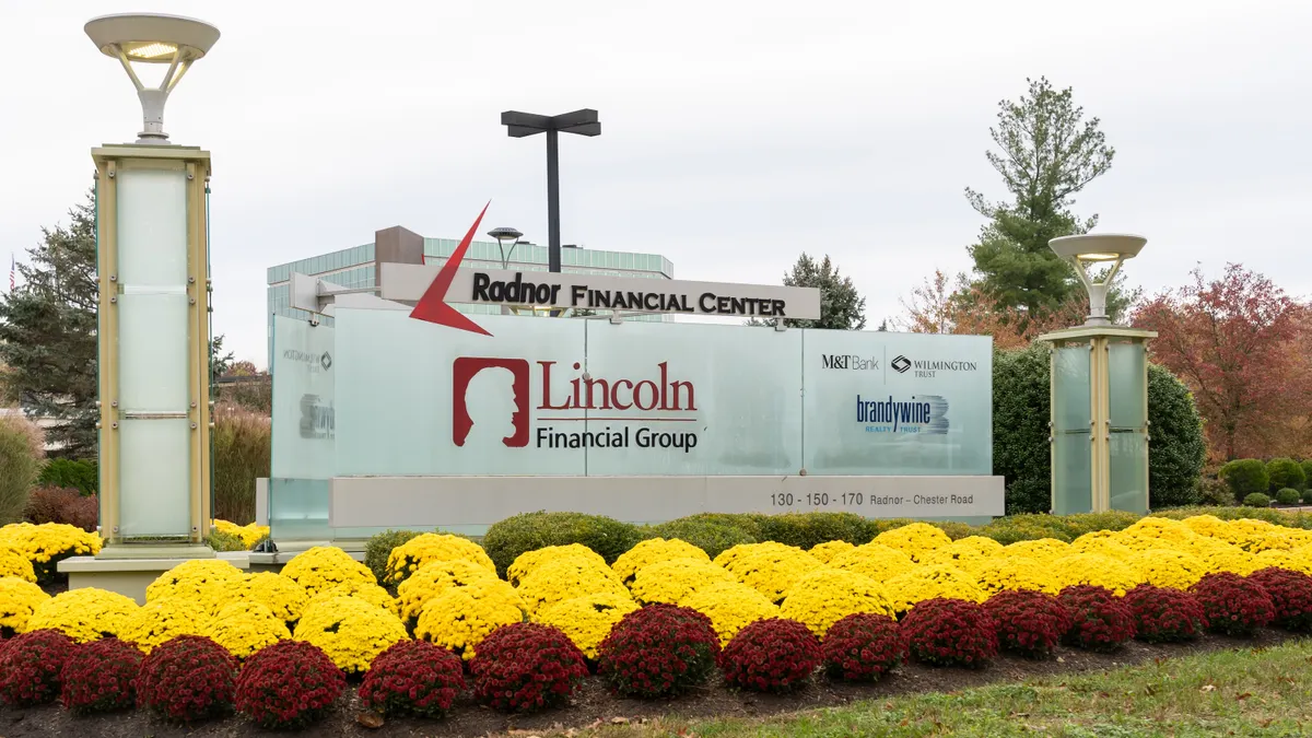 Lincoln Financial sign is pictured at the company's branch office in Radnor, Pennsylvania on November 4, 2023.