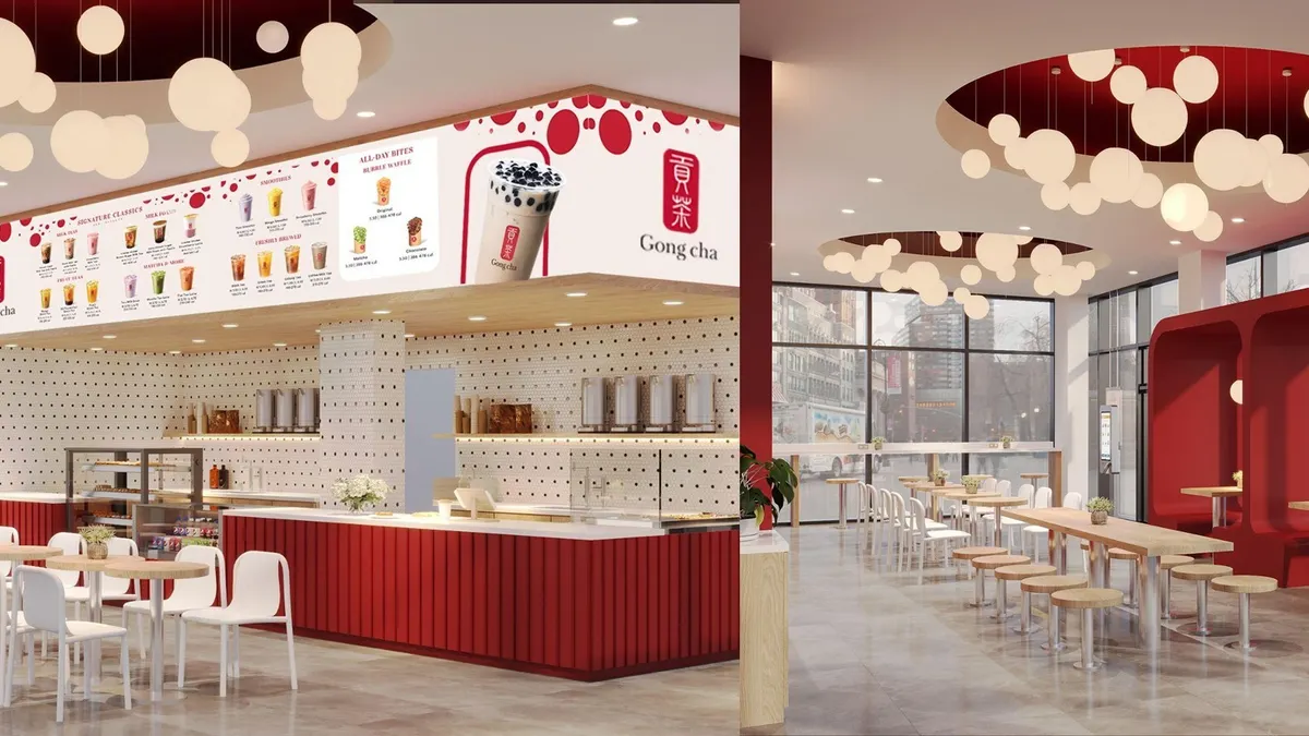 Renderings of the interior of Gong cha's new store design for its bubble tea shops.