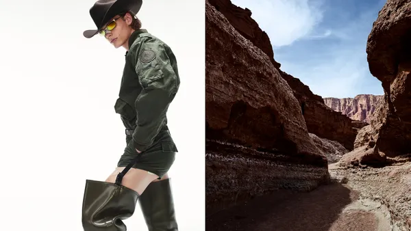 A person in green clothing and boots, with a cowboy hat and sunglasses, is positioned next to a desert landscape.