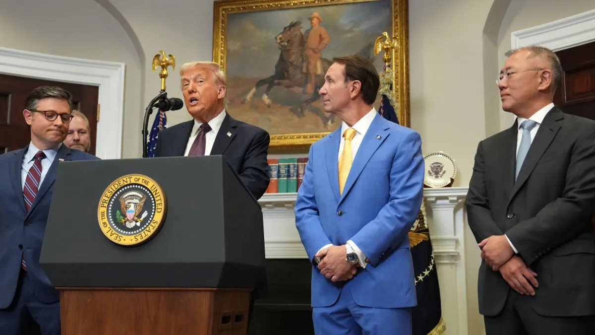 President Donald Trump speaks with Hyundai Chairman Euisun Chung, right,, Louisiana Governor Jeff Landry, center and House Speaker Mike Johnson, left, in the Roosevelt Room of the White House on March 24.