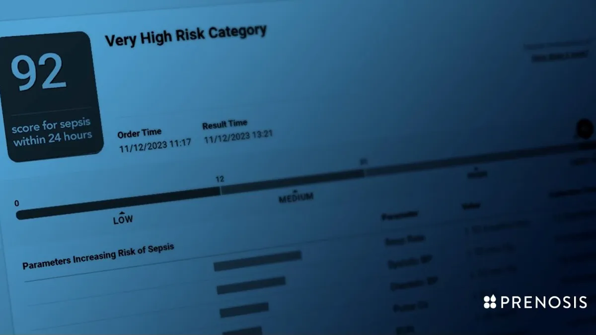 A screen shows the number "92" as a sepsis risk score, with "Very High Risk Category" at the top of the screen.