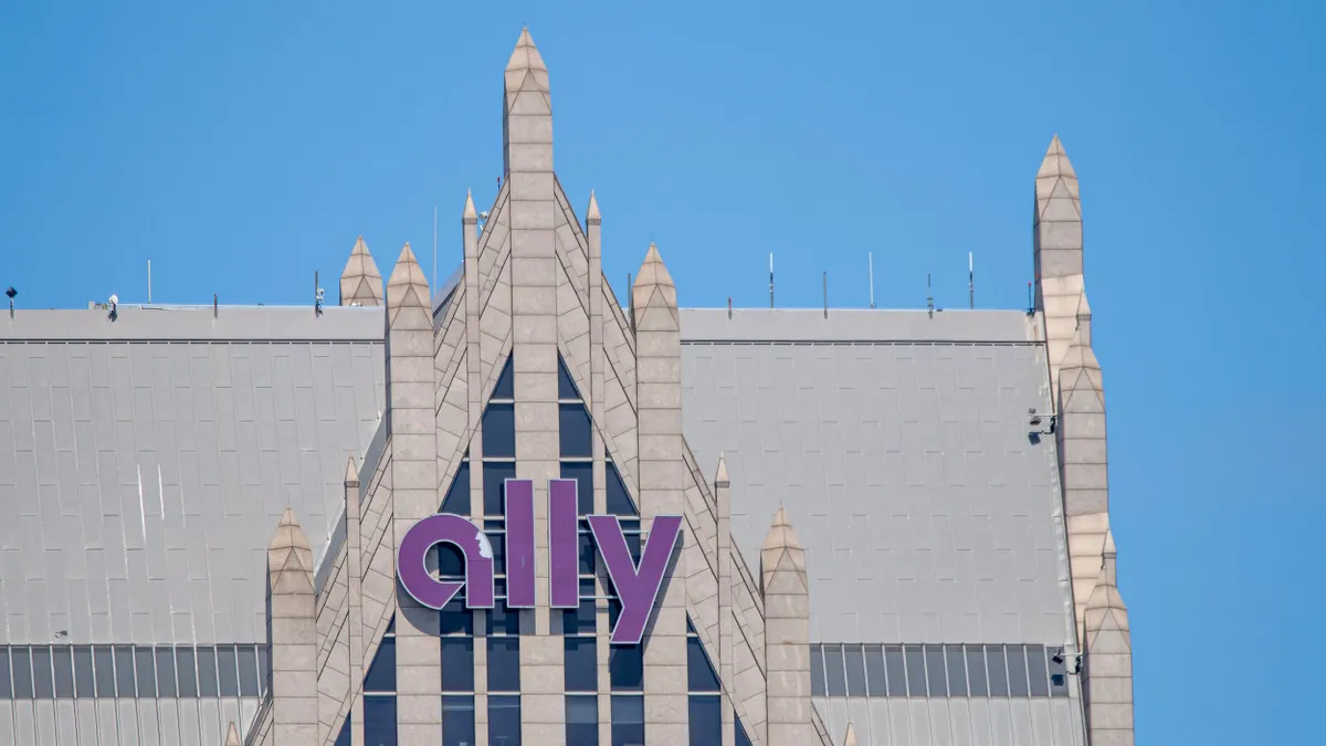 An Ally logo is displayed above a gothic-style building facade.