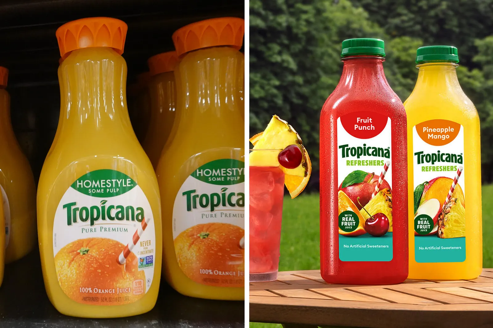 Tropicana changed the design of its signature curvy bottles (left) to be more squared (right).