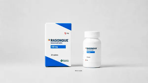 A photo of the packaging for the pancreatic cancer drug Rasonque