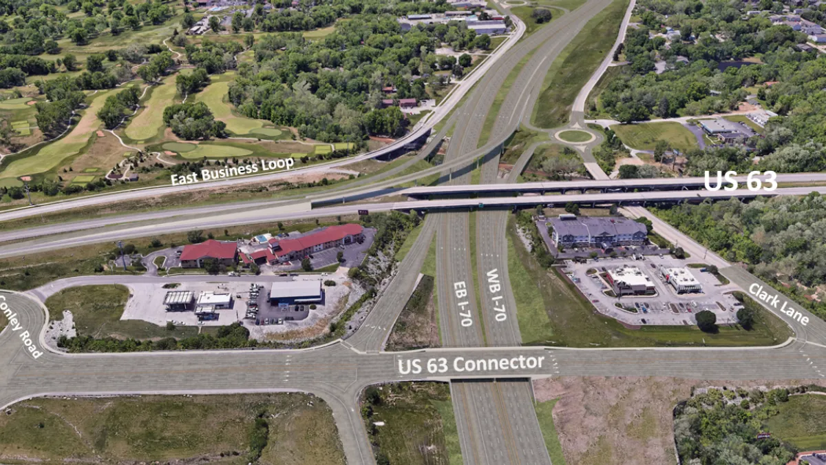 Aerial view shows intersecting highways.