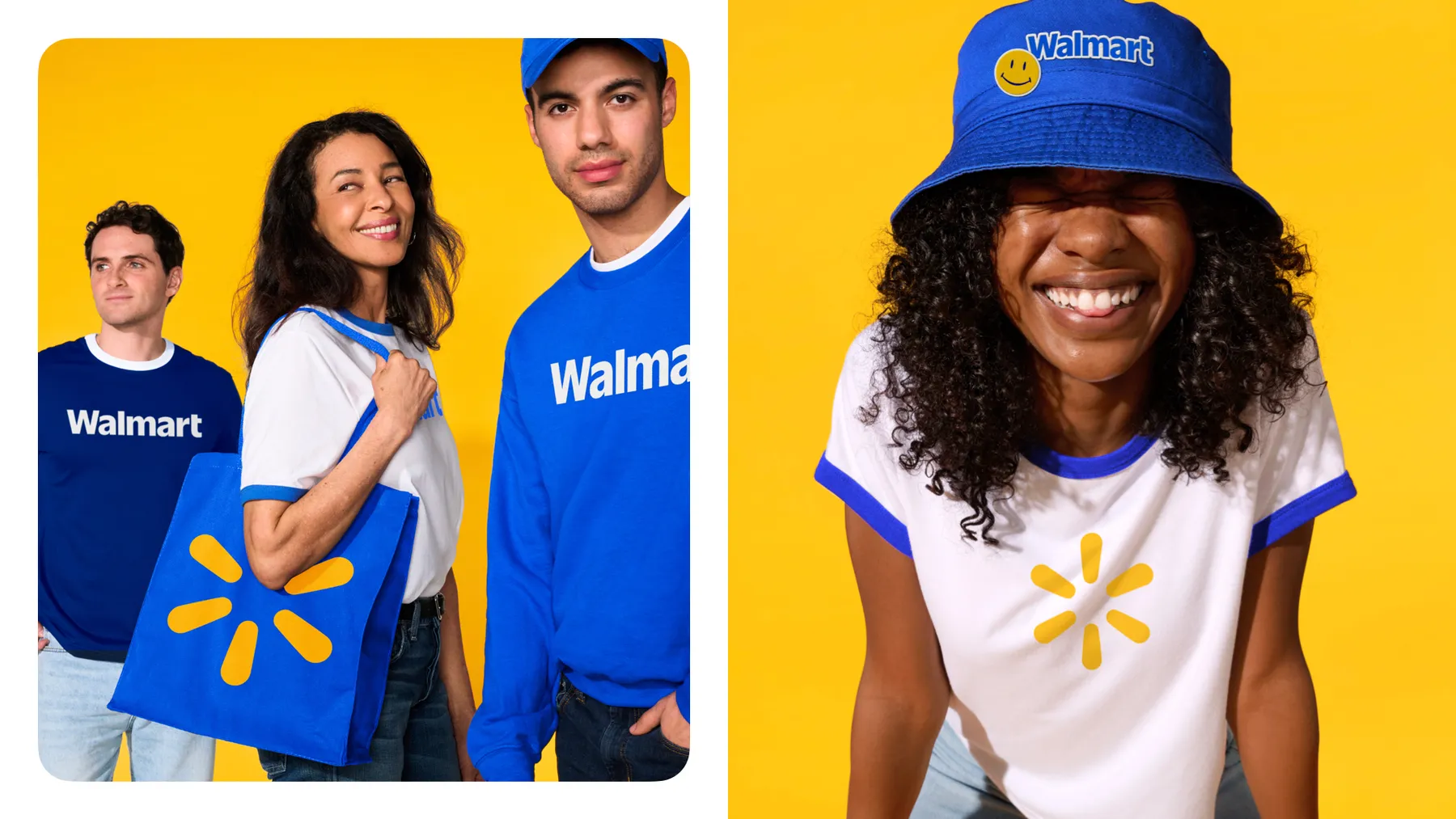 A diptych shows a trio of people sporting Walmart gear next to a photo of an individual wearing a Walmart bucket hat and T-shirt