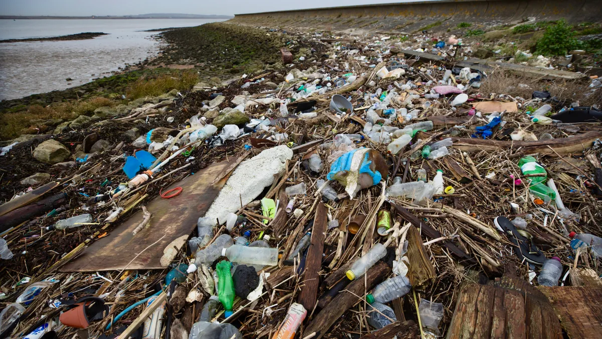 Plastic bottles and trash on a beach