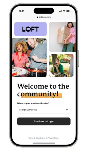 A phone with a message that says &quot;LOFT - Welcome to the community!&quot;