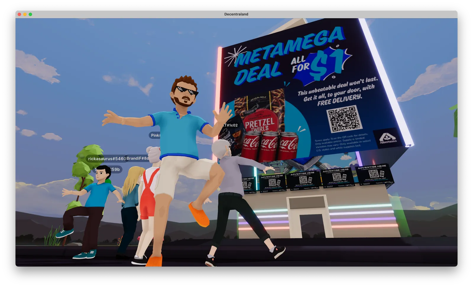 A screenshot of a metaverse scene with characters in front of a sign that says "Meta Mega Deal" for Coca-Cola, pretzels and other items.