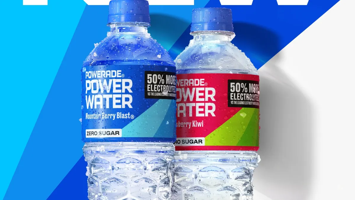 A product photo of two Powerade Power Water bottles next to eachother