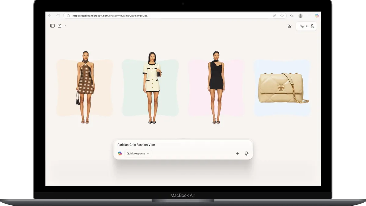 Screen with three models and a handbag.