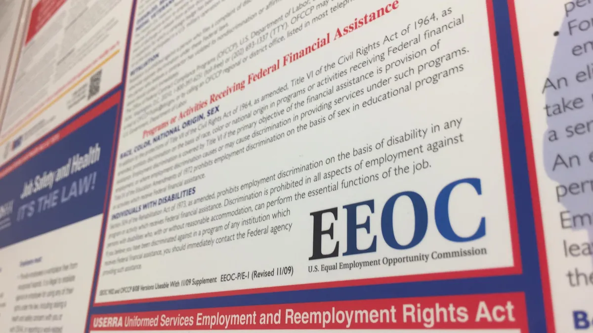 A workplace poster published by the U.S. Equal Employment Opportunity Commission is displayed featuring the EEOC logo.