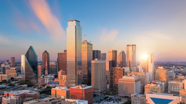 Dallas downtown skyline at sunset from top view in USA