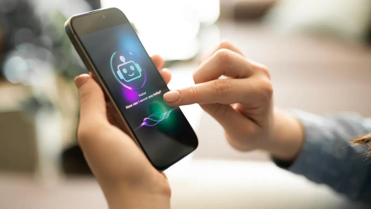 Woman uses smartphone chatbot.
