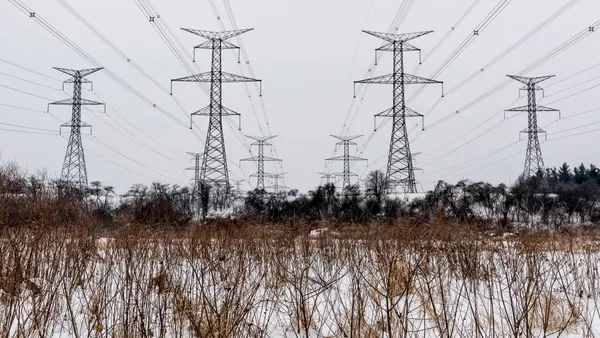 Electric power lines cross a snow-covered field.