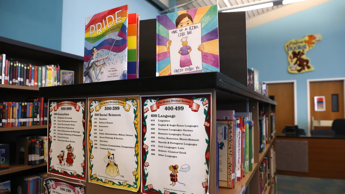 A display of LGBTQ+ books on a library shelf