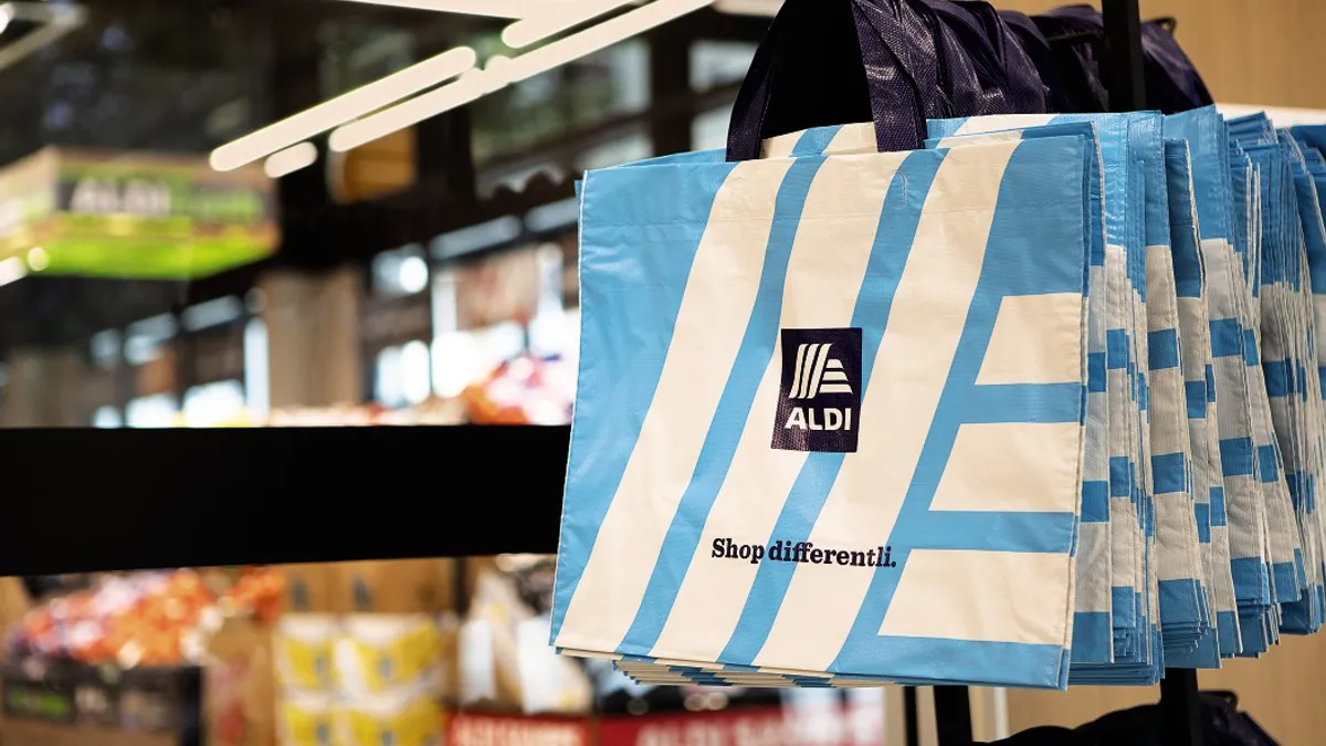 A reusable plastic Aldi bag