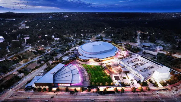 A rendering depicts an aerial view of a proposed arena.