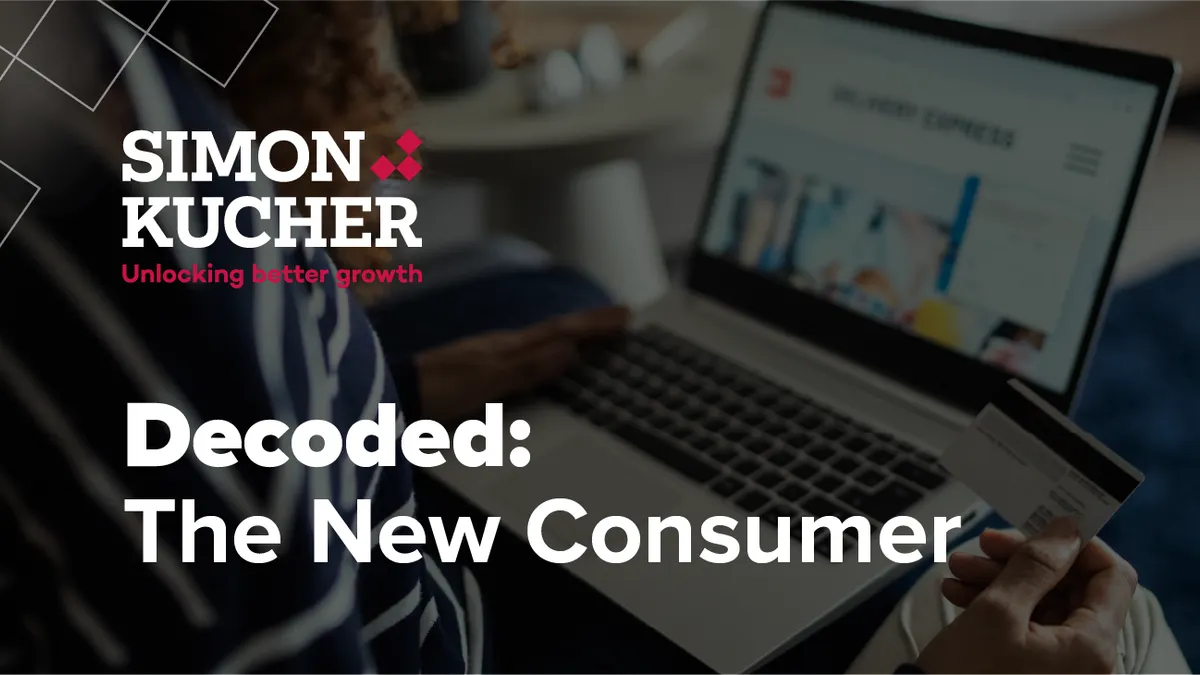 This image depicts the podcast series cover image for Simon-Kucher's Retail Dive series, "Decoded: The New Consumer"