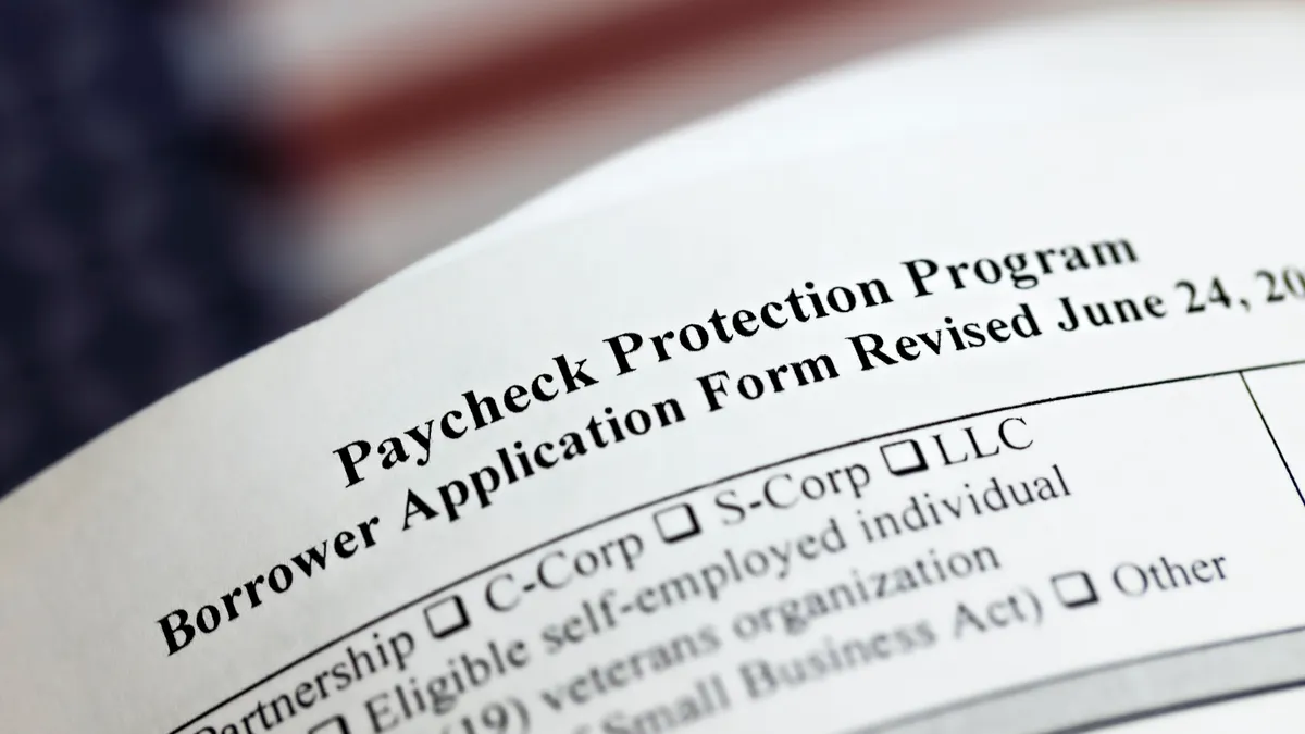 A paper is shown with the words Paycheck Protection Program Borrower Application Form