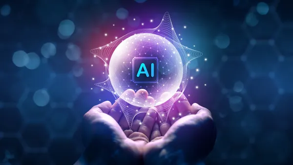 Human Hand Holding Artificial Intelligence Sphere in Digital Space Futuristic AI Concept with Glowing Network Sphere in Hand. Technology Innovation and Human Control of Artificial Intelligence AI Power in Human Hands Digital Transformation Concept. Artifi