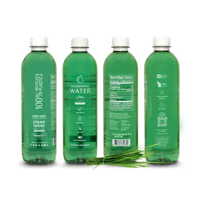 Four green plastic bottles of Chlorophyll Water with white messaging that say the bottle is 100% recycled.