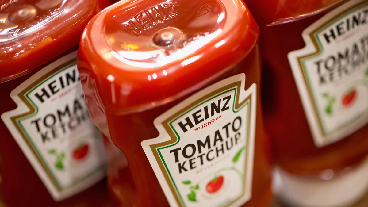 Overhead side view of bottles of Heinz Ketchup