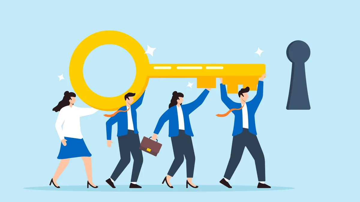 Business team collaborates to carry big key towards keyhole, illustrating teamwork achievement and key to success. Concept of working together to solve problems, career opportunities, unlock secrets