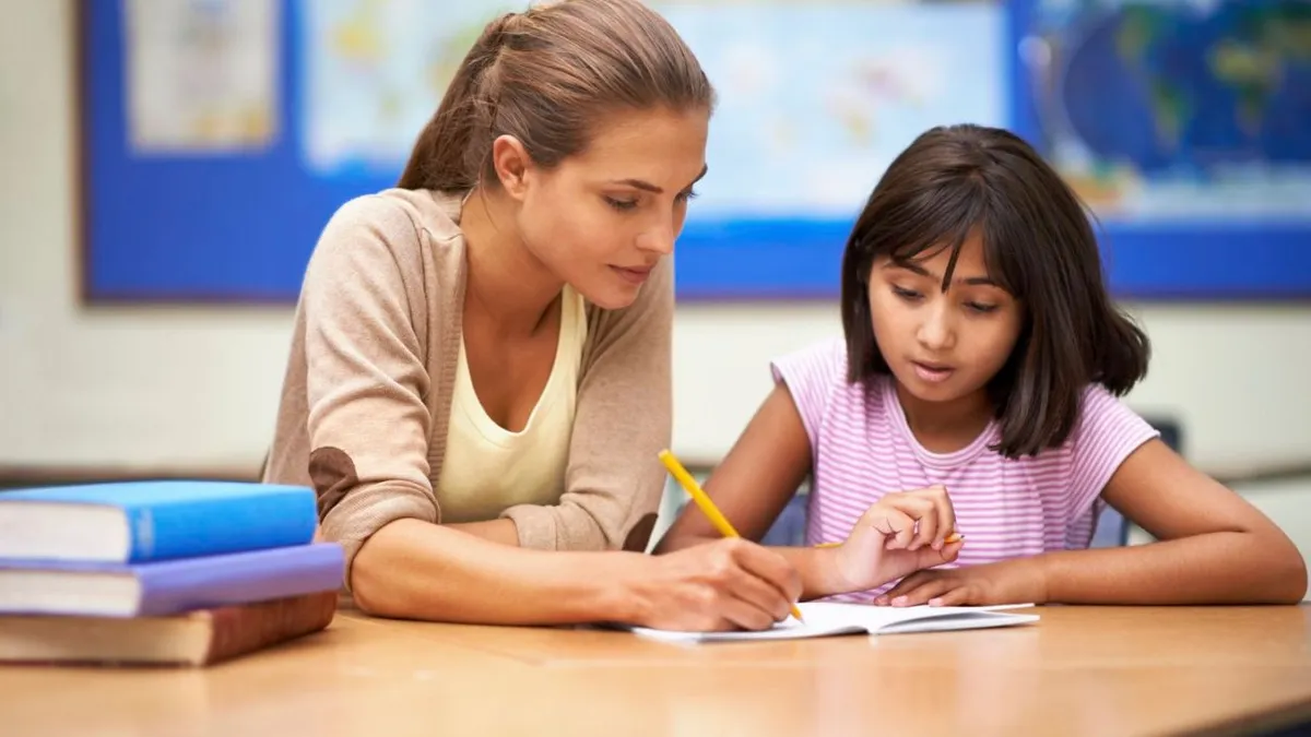 Shot of a teacher helping their student with work in the classroom.