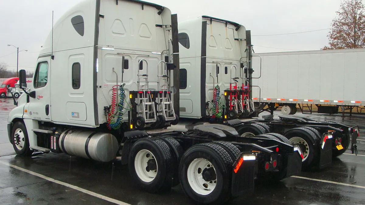 HTS Systems' patented Hand Truck Sentry System units on Freightliner Cascadia sleeper tractors at Ryder Truck. The HTS is a new delivery truck accessory for commercial deliveries.